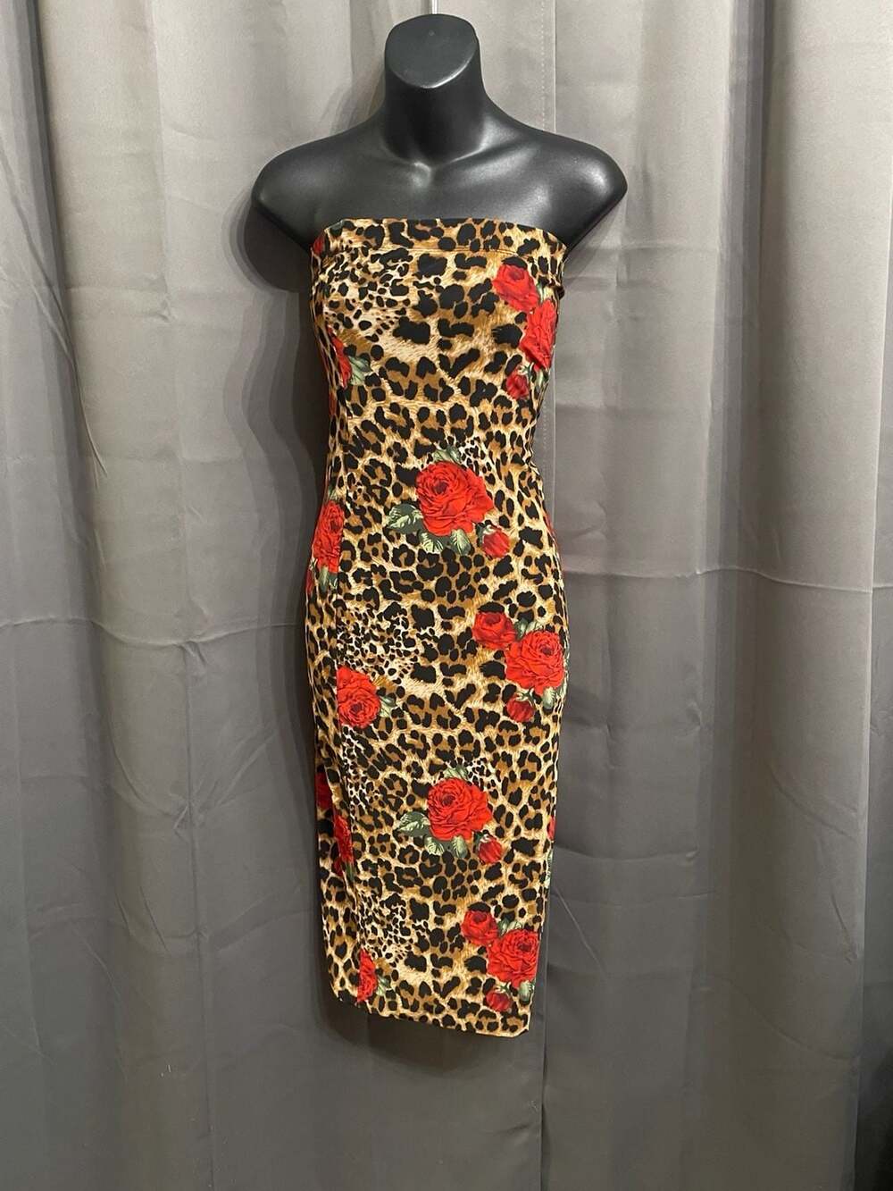 DNA Couture Leopard and Red Rose Print Strapless Midi Tube Dress S